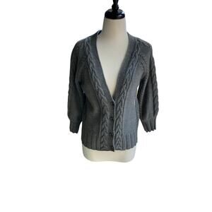 Loft Gray V-Neck 3/4+ Sleeve Cable Knit Sweater Size M